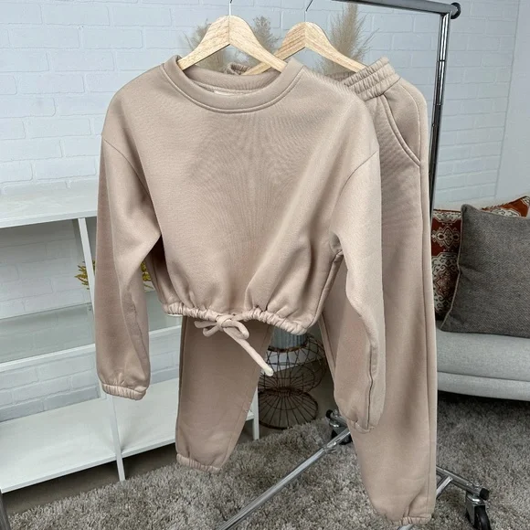 Cropped Pullover Sweat pants SET | Apricot - Picture 1 of 5